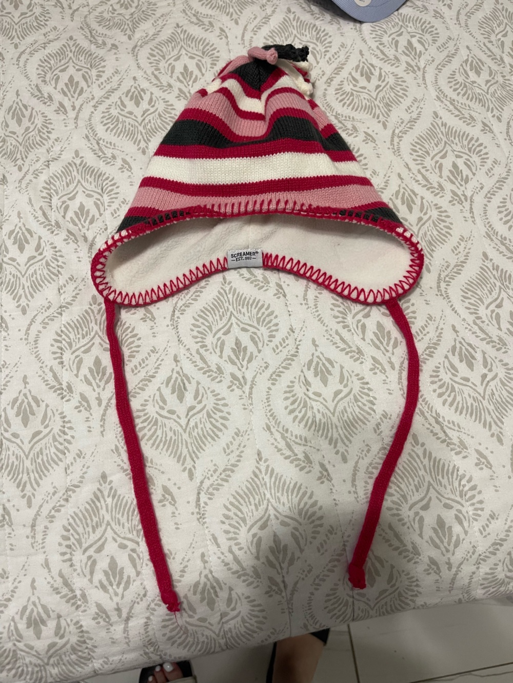 Striped Earflap Kids Hat with Pom - Pink/Black/White